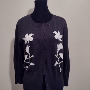Rena Rowan, Black Sweater w/White Flower Design, 7-Buttons, Size-L